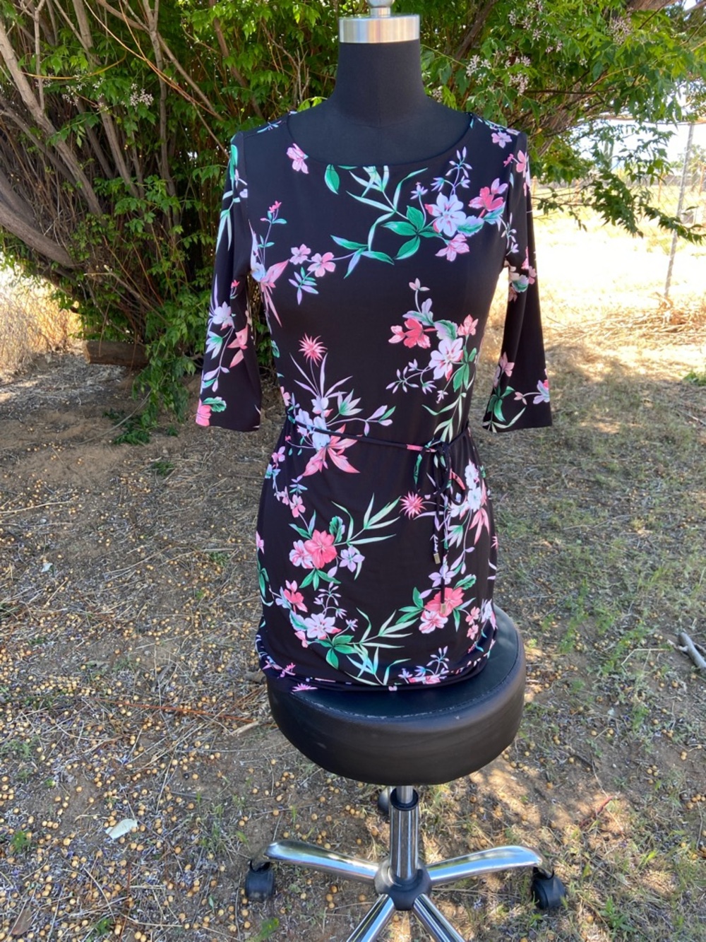 Liz Claiborne Black Floral Midi Dress with Pink and Green Accents